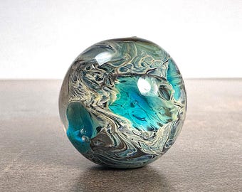 Round Art Glass Bead for Jewelry Designs in Swirled Aqua Blue and Beige, Lampwork Glass Focal Bead or Pendant