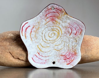Enameled Sgraffito Pendant, Enamel Copper Jewelry, Rustic Rose Flower Jewelry Connector, Divine Spark Designs