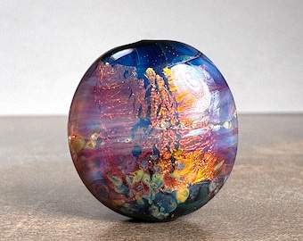 Lentil Shaped Artisan Made Lampwork Glass Focal Bead for Jewelry Making, Fire Opal Style