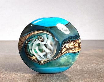 Turquoise Blue & Silvered Ivory Lampwork Glass Focal Bead,  Art Glass Focal for Jewelry Designs, Pendant Bead