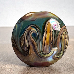 One of a Kind Handmade Lampwork Glass Focal Bead Lentil with Swirled Stripes, Unique Pendant Bead for Jewelry Designs