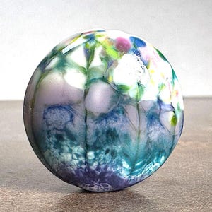 Artist Made OOAK Lampwork Focal Bead for Jewelry Designs, Lentil Shape Layered with Blue Pink Purple and Green Enamel Powders & Frit