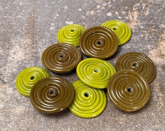 Lampwork Glass Disc Beads in Opaque Olive Green and Lime, Borosilicate Beads for Jewelry Designs, Lampwork Bead Set of 10