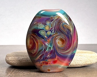 Tabular Lampwork Focal Bead in Borosilicate Glass, Mixed Rainbow of Swirling Colors, One of a Kind Bead for Jewelry Designs