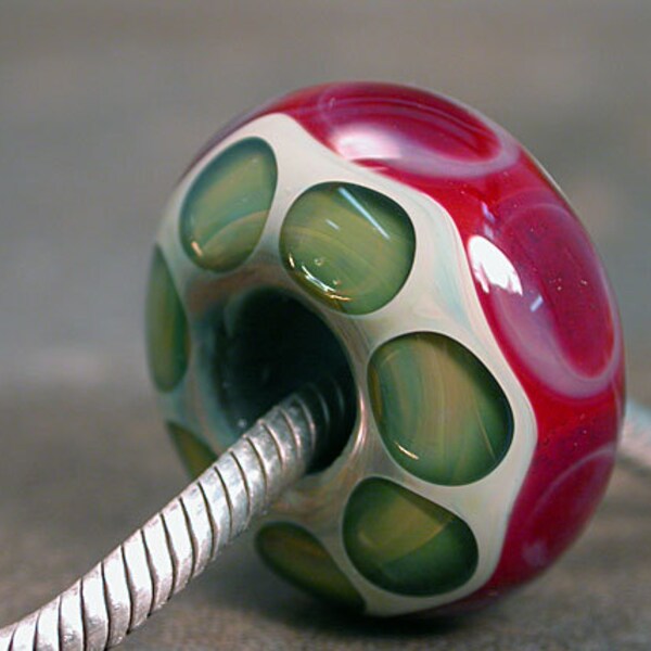 Boro Lampwork Big Hole Bead Lines & Dots Pink Olive Green Teal Divine Spark Designs SRA LeTeam