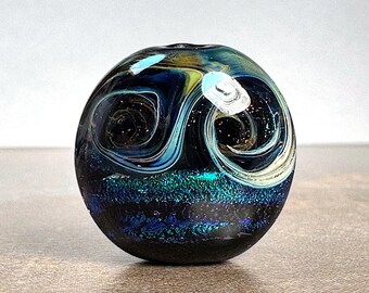 Lentil Shape Art Glass Bead for Jewelry Designs in Black with Blue Silver Glass and Dichroic Glass