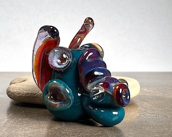 Artist Made Borosilicate Glass Lampwork Dragon Head Sculpture in Teal Blue and Purples, Fun Critter Bead