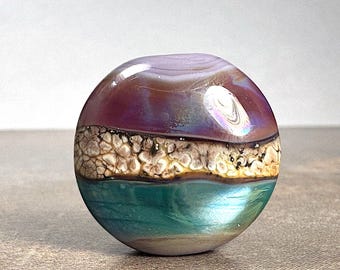 Artisan Made Lampwork Lentil Focal Bead in Lavender Purple with Stripes of Silvered Ivory, Purple, Blue/Green for Jewelry Designs or Pendant