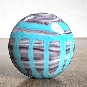 Lampwork Lentil Glass Focal Bead for Jewelry Designs, Striated Purple with Turquoise Blue Stripes