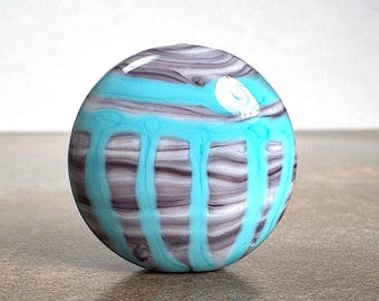 Lampwork Lentil Glass Focal Bead for Jewelry Designs, Striated Purple with Turquoise Blue Stripes