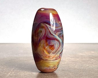 Borosilicate Glass Slender Barrel Shaped Lampwork Focal Bead, Mixed Swirling Colors, One of a Kind Bead for Jewelry Designs