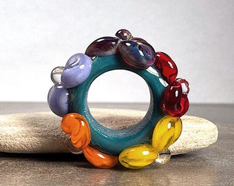 Artisan Made Unique Borosilicate Glass Flower Focal Bead with Large 13mm Hole Size, Lampwork Glass Big Hole Slider Bead