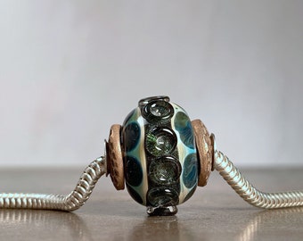 Lampwork Glass Bead Big Hole Charm Bead, Boro Focal Bead in Sparkly Greens, Silver Cored Euro Charm Bead with Bronze Caps