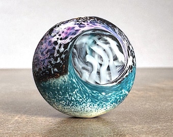 Unique Lentil Shape Lampwork Art Glass Focal Bead for Jewelry Designs in Beige with Teal and Purple Enamel Powders