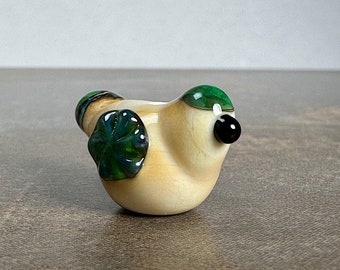 Whimsical Glass Bird in Beige and Green Tones, Lampwork Glass Bird Bead, Gift for Bird Lovers or Jewelry Designers