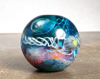 Art Glass Focal Bead for Jewelry Designs, Fire Opal Series with Murrini & Fine Silver Mesh Accents, Round Lampwork Bead for Jewelry Designs