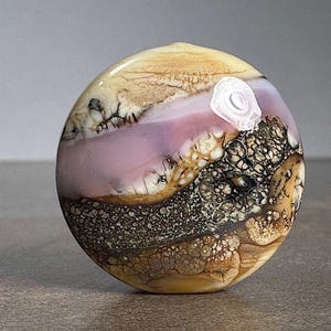 Lampwork Art Glass Focal Bead Lentil Shape with Silvered Ivory, Pink & Black