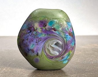 Etched Lampwork Focal Bead, Unique Stone Shape Bead, Lampwork Art Glass for Jewelry Designs, Cinnamon Brown Green Blue