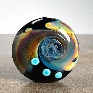 Organic Style Lampwork Lentil Focal Bead in Black Swirled with Raku Shards for Jewelry Designs or Pendant, Divine Spark Designs