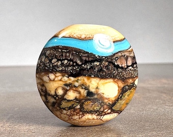 Lampwork Artisan Glass Focal Bead Lentil in Beige, Silvered Ivory and Blue for Jewelry Designs or Pendant