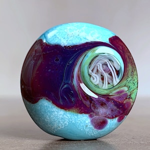 Lampwork Focal Bead for Jewelry Designs, Turquoise Blue Swirled with Purple Shards & White Enamel Powder, One of a Kind, Ready to Ship