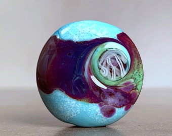 Lampwork Focal Bead for Jewelry Designs, Turquoise Blue Swirled with Purple Shards & White Enamel Powder, One of a Kind, Ready to Ship