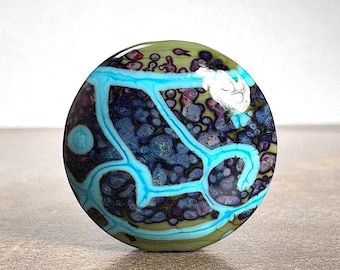 Lampwork Glass Focal Bead for Jewelry Designs in Olive Green & Purple with Turquoise Blue Stripes, Lentil Shape Artisan Glass
