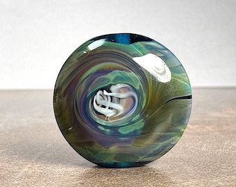 Lampwork Art Glass Focal Bead Lentil in Aqua Blue with Silver Glass Stripes in Earthy Green Tones, Artist Made for Jewelry Designs