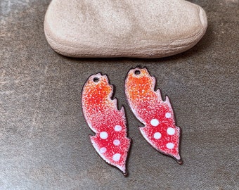 Enameled Copper Feather Charms or Leaf Dangles, Enamel Earring Pair for Jewelry Designs in Red Orange & White, Divine Spark Designs