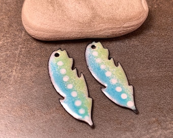 Enameled Copper Feather or Leaf Charm Pair, Dangles, Enamel Earring Pair, Sky Blue & Lime, Divine Spark Designs