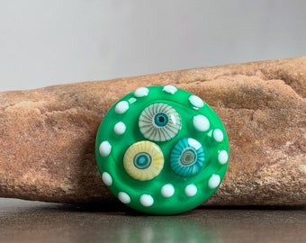 Unique Lampwork Glass Cabochon or Changeable Glass Ring Top, Spring Green with Murrini, SRA