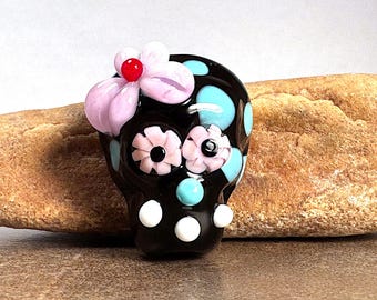 Sugar Skull Lampwork Focal Bead,  Day of the Dead, Black, Pink and Turquoise Blue,  Divine Spark Designs