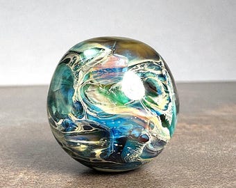 Unique Lampwork Glass Focal Bead, Chunky Round Lampwork Bead for Jewelry Designs, Pendant Bead in Blues and Creamy Beige
