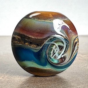 Organic Style Lampwork Glass Focal Bead Lentil in Caramel with Silver Glass, Silvered Ivory Stripes for Jewelry Designs, Unique Pendant Bead