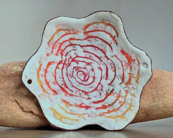 Enameled Copper, Enameled Sgraffito Pendant, Unique Enamel Jewelry Connector, Rustic Copper Rose Flower