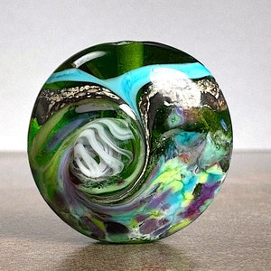 Lampwork Glass Focal Bead for Jewelry Designs, Transparent Grass Green with Purple, Aqua, Turquoise Blue & Beige, One of a Kind