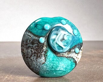 Teal Turquoise Blue with Enamel Powders and Silvered Ivory Shards Lampwork Glass Focal Bead, Unique Art Glass Focal for Jewelry Designs