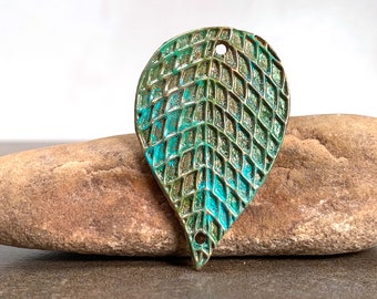 Large Goldie Bronze Leaf Pendant or Connector with Green and Blue Patina for Jewelry Designs, Ready to Ship
