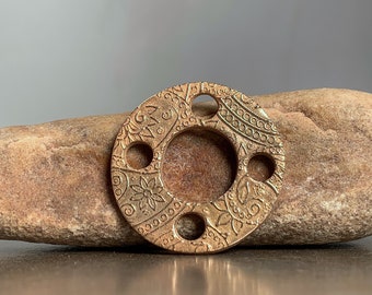 Unique Bronze Metal Clay Washer Connector with Holes, Bronze Pendant with Reversible Designs, 27mm Medium Size Round Disk Shape