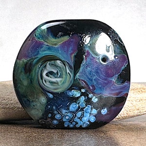 Lampwork Art Glass Focal Bead Lentil in Black in Organic Style for Jewelry Designs, Unique Lampwork Glass Pendant