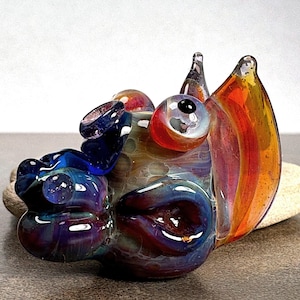 Borosilicate Glass Lampwork Dragon Head Sculpture in Purples and Blues, Fun Critter Bead