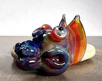 Borosilicate Glass Lampwork Dragon Head Sculpture in Purples and Blues, Fun Critter Bead