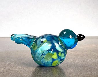 Artist Made Lampwork Glass Bird Bead for Jewelry Designs, Lampwork Focal Bead Bird in Transparent Aqua Blue, Lime, Turquoise