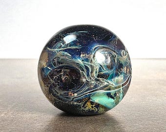 Chunky Round Art Glass Bead in Galaxy Style for Jewelry Designs in Black with Blue Silver Glass and Dichroic Glass