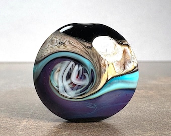 Black Lampwork Lentil Shape with Swirled Frit and Purple Stripe, Artisan Made Lampwork Glass Focal Bead for Jewelry Designs
