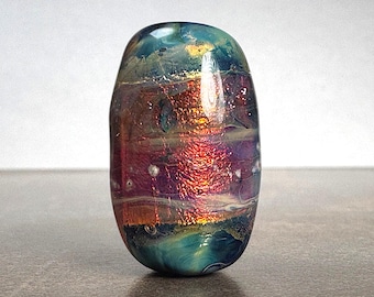 Lampwork Glass Focal Bead, Artisan Made in Fire Opal Style in Slender Barrel Shape for Jewelry Making