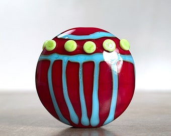 Lampwork Glass Focal Bead for Jewelry Designs, Red with Turquoise Blue & Lime Green, Artisan Glass Gift for Beader