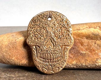 Rustic Handmade Bronze Metal Clay Sugar Skull Pendant, Bronze Focal Bead for Jewelry Designs, Day of the Dead Charm