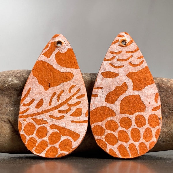 1.5" Teardrop Shaped Wood Charm Pair with Orange and White Floral Pattern Lokta Paper for Jewelry Designs, Earring Bead Pair