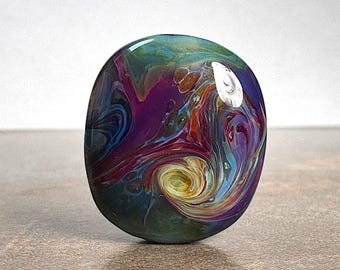 Borosilicate Glass Cushion Shape Lampwork Focal Bead, Mixed Swirling Blues, Green & Purple, One of a Kind Bead for Jewelry Designs